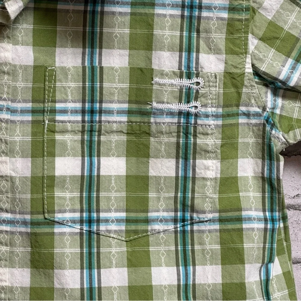 Old Navy Boys 4T Green Plaid Button Up Shirt Pockets Short Sleeves